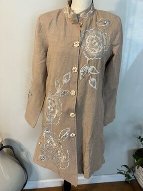 Indigo Beige Embroidered Long Sleeve Floral Coat Dress